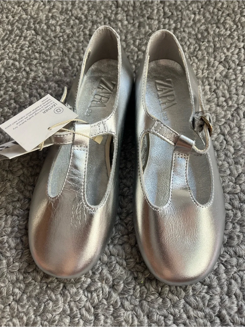 Zara Leather Silver Girls' T‑Bar Mary Jane Shoes NEW